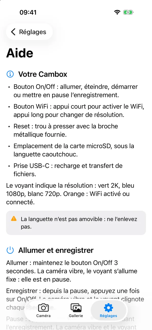 Caméra Casque, écran Aide : manuel de la Cambox V3+ intégré