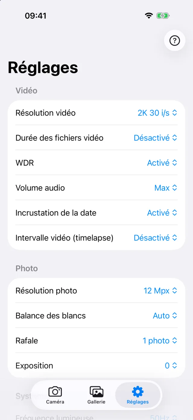 Caméra Casque, écran Réglages de la Cambox V3+ : résolution vidéo 2K 30 i/s, durée des fichiers, WDR, volume audio